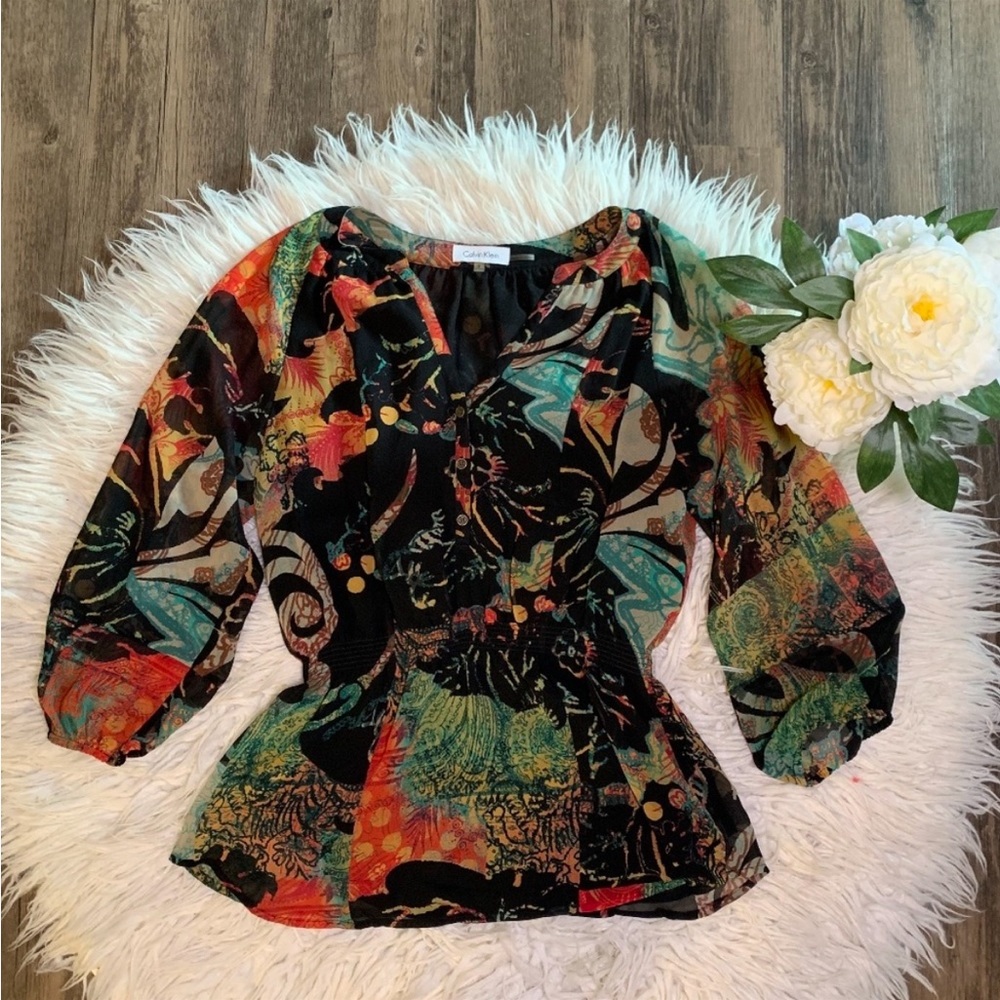 • NWOT Calvin Klein Black Colorful Flare Blouse •